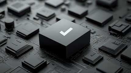 Poster - Monochromatic close-up of electronic microchip with glowing checkmark symbol on dark circuit board surface, representing digital security and verification technology.