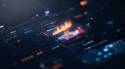 Poster - Futuristic microprocessor with glowing orange and blue elements on dark circuit board background, depth of field effect creates dramatic tech atmosphere.