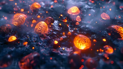 Poster - Glowing orange spheres with intricate patterns float mysteriously against dark smoky background creating magical atmospheric scene with depth and bokeh effect.