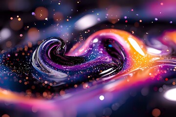 Poster - Swirling abstract liquid art with vibrant purple, orange and black colors creating cosmic wave patterns against dark background with glowing bokeh light effects.