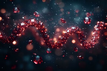 Poster - Red glowing particles forming wave pattern against dark background with bokeh light effects and floating crystalline shapes in cosmic atmosphere.