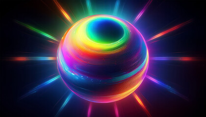 Wall Mural - a mirrored sphere spins with rainbow hues in a halo of light light sphere glowing
