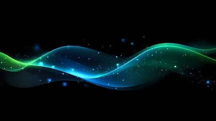 Poster - Glowing turquoise and blue waves flow across dark background with sparkles and light effects creating dynamic abstract pattern for modern design projects.