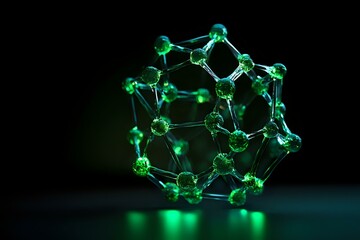 Poster - Glowing green molecular structure against dark background showcases scientific concept with interconnected nodes and geometric patterns for chemistry presentation.
