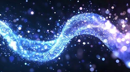 Poster - magical glowing wave of blue and purple particles flowing through dark space with sparkling light ef
