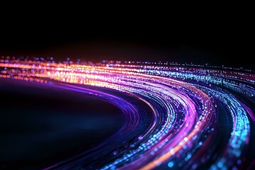 Poster - glowing curved light trails with pink, purple and blue neon colors against dark background create dy