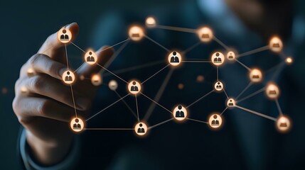 Poster - Glowing network of connected user icons floating over businessman's hand showing social connectivity and digital networking concept in dark background.