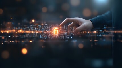 Poster - Hand touching glowing digital circuit pattern with orange light effects and bokeh overlay, representing technological advancement and digital transformation.