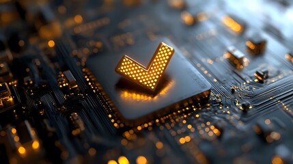 Poster - Glowing arrow symbol on computer circuit board with orange light effect and shallow depth of field, representing digital technology advancement.