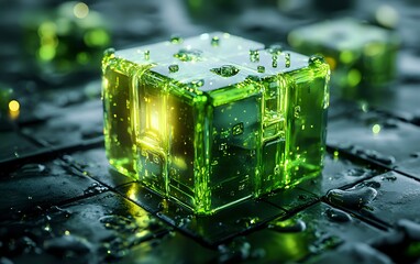 Poster - Glowing green translucent cube with water drops on dark surface, mysterious sci-fi atmosphere with bokeh light effects and reflections creates futuristic mood.