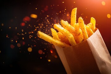 Aufkleber - Crispy golden french fries flying out of a brown paper bag under dramatic colored lighting during a culinary event