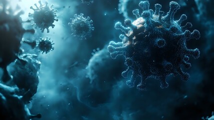 Poster - Microscopic view of virus particles floating in dark blue atmospheric space, showing detailed spike proteins and molecular structure in dramatic lighting.