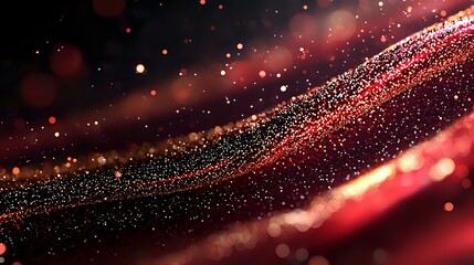 Poster - Glowing red and gold particles flow in curved waves against dark background, creating magical atmosphere with bokeh light effects and sparkling dust.