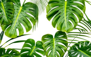 Poster - Lush Tropical Foliage, Monstera Leaves And Palm Fronds. Fresh Greenery Against White Backdrop. Vibrant Nature Background For Creative Projects. A Natural Element For Design.