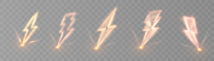 Poster - Set of glowing lightning icons in warm neon style with motion blur on transparent background. Vector for energy effects, UI elements, game design, animation and electrical visual effects.