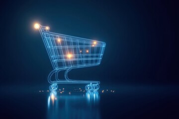 Aufkleber - Sleek digital shopping cart icon with glowing lines and deep blue gradient for futuristic e-commerce design