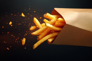 Aufkleber - Crispy golden french fries soar from a brown paper bag with colorful lighting enhancing the moment of culinary delight