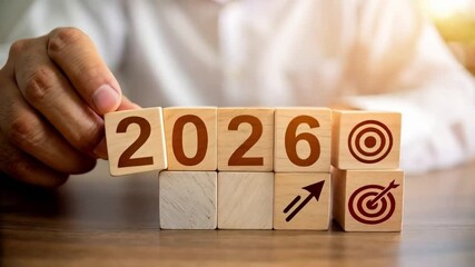 Poster - Person arranging wooden blocks to display the year twenty twenty six with target and arrow icons