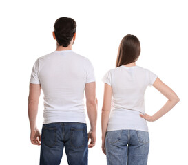 Wall Mural - woman and man wearing blank t-shirts on white background, back view. mockup for design