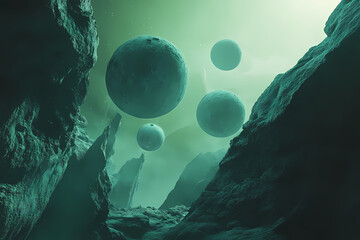 Wall Mural - celestial spheres and rocky terrain: a surreal depiction of floating orbs amidst a textured, craggy 