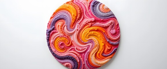 Poster - Abstract Circular Art, A Vibrant Textured Surface With Swirling Colors, An Intriguing Design Element. Playful Hues Of Pink, Orange And Purple, For Backgrounds Or Creative Projects.