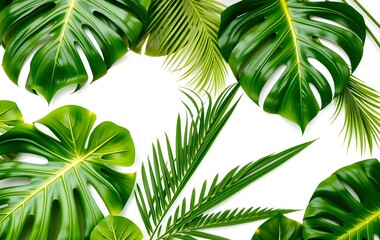 Poster - Lush Greenery With Monstera And Palm Leaves Against A White Backdrop For Tropical Decor. Vibrant, Leafy, Botanical Illustration. Perfect For Adding Natural Beauty To Your Design Projects. Fresh Design