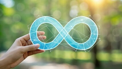 Poster - Hand holding infinity symbol with geometric pattern against blurred nature background view