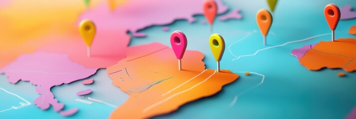 Leinwandbilder - Explore vibrant travel destinations with colorful pins marking exciting locations on a modern, stylized travel map in bright colors