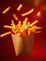 Poster - Crispy golden french fries fly out of a brown paper bag under dramatic lighting in a slow-motion capture