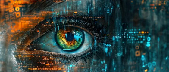 Poster - Hacker eye and digital data, pattern of network information for cyber security theme. Concept of ai, technology, future, spy, code, hack