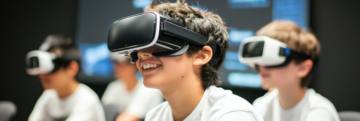 Aufkleber - Student engaged in interactive virtual reality learning in a futuristic classroom setting, exploring a 3D educational environment