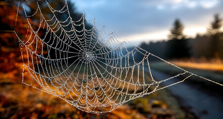 Glistening spiderweb adorned with dewdrops under morning light in intricate detail