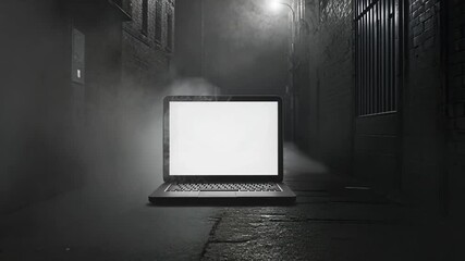 Poster - Blank Laptop Screen Positioned in a Dark Alley at Night Generative AI