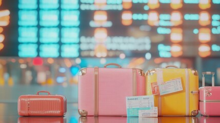 Leinwandbilder - Colorful suitcases, travel tickets, and a passport waiting at the airport departure board ready for travel adventures