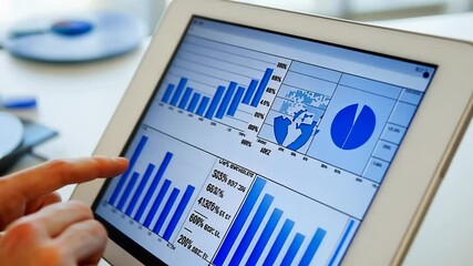 Poster - man assesses financial data on tablet during online evaluation generative ai