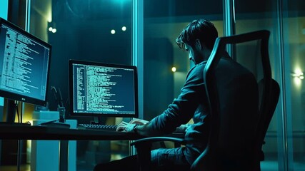 Poster - Programmer Coding at Night on Laptop for Malware Analysis Generative AI