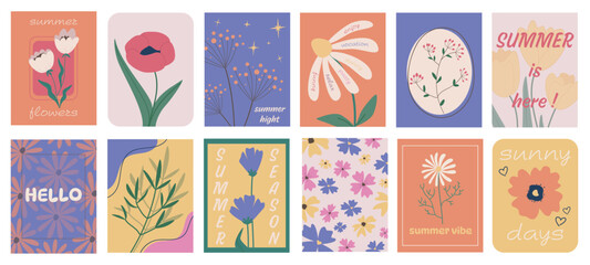 Poster - Summer cover typography template for posters, prints. Minimalistic banners set with blooming poppy and daisy, summertime flowers and wildflowers, blossoming bouquets, green herbs. Vector illustration.