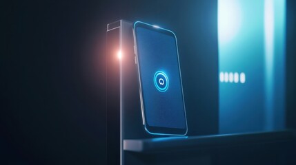 Poster - Sleek smartphone initiating secure NFC payment at modern POS terminal with glowing icon in minimal fintech setting