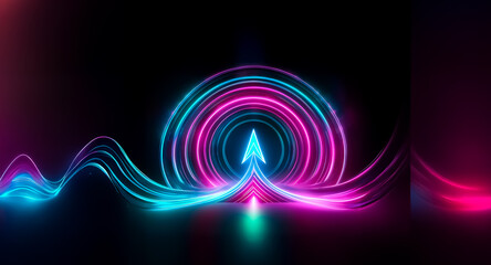 Aufkleber - a luminous neon arrow ascends amidst swirling pink and blue curves on a dark background, creating a 