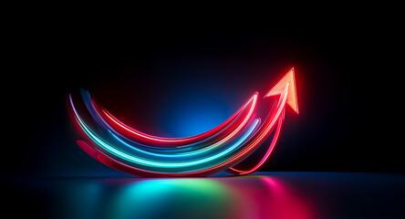 Poster - vibrant neon arrow curves upward, illuminated in red and blue against a dark reflective surface. dyn