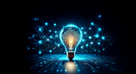 Aufkleber - a glowing light bulb with a digital network inside symbolizes ideas and innovation. blue network lin
