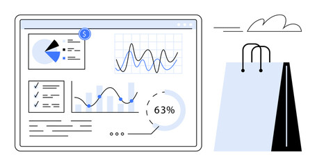 Poster - Digital dashboard with pie chart, line graphs, bar chart, and progress circle next to shopping bags. Ideal for ecommerce, marketing, sales, analysis, growth business insights flat simple metaphor