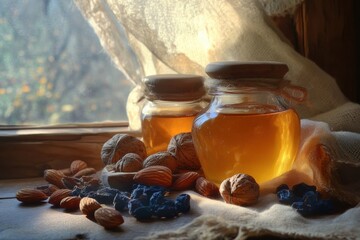 Poster - Warm still-life featuring honey jars, nuts, and dried fruits illuminated by golden sunlight through a rustic window