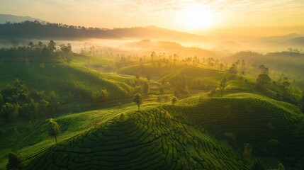 Poster - Stunning panoramic view of lush green tea plantations at sunrise with mist and tranquil terraces