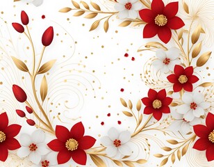 Poster - Elegant Floral Design, Red Flowers And Golden Branches On White. Delicate Petals Create Springtime Beauty. Gold Accents Add Festive Touch. Artwork For Cards And Invitations.