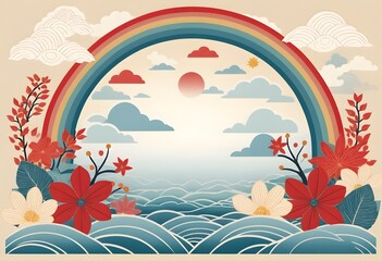 Aufkleber - Elegant Japanese Texture With Stylized Clouds, Red And White Flowers. Rainbow And Geometric Patterns Provide Harmony. Serene Aesthetic Ideal For Invitations And Stationery. Decorative And Calming