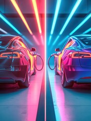 Poster - Transition of automotive technology showcasing gasoline and electric vehicles with vibrant neon lights enhancing the visual appeal