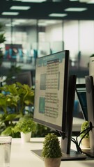 Poster - vertical video business graphs and kpi metrics on displays in workplace, jib up shot. office desk se
