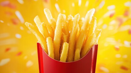 Aufkleber - Crispy golden french fries in red container surrounded by colorful splashes of joy and energy