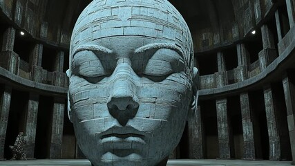 Poster - Massive Stone Head Sculpture in Futuristic Architectural Space Generative AI